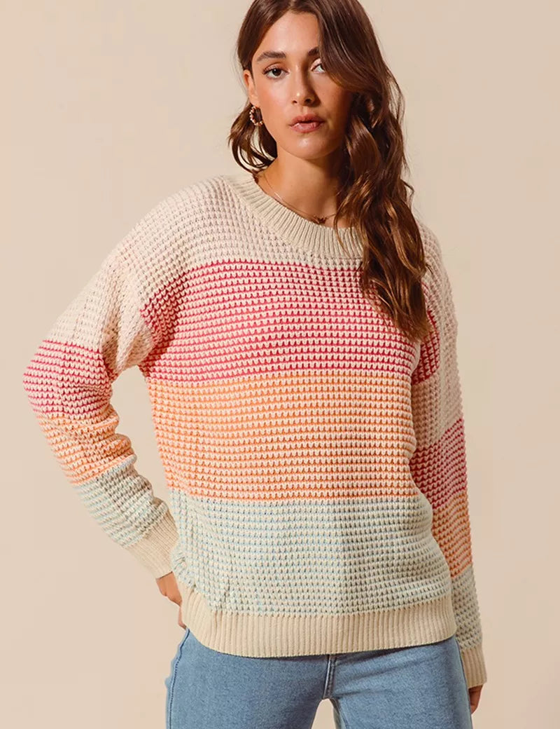 OATMEAL COMBO SO ME Multi Color Block Long Sleeve Sweater | Daverri Fashions