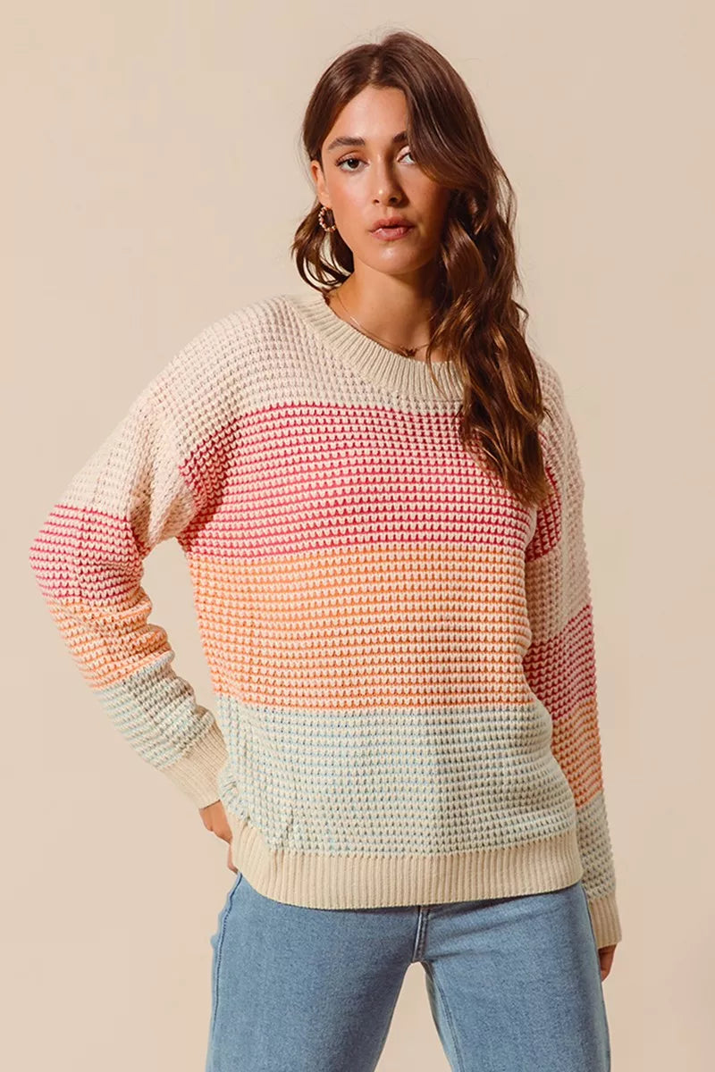OATMEAL COMBO SO ME Multi Color Block Long Sleeve Sweater | Daverri Fashions