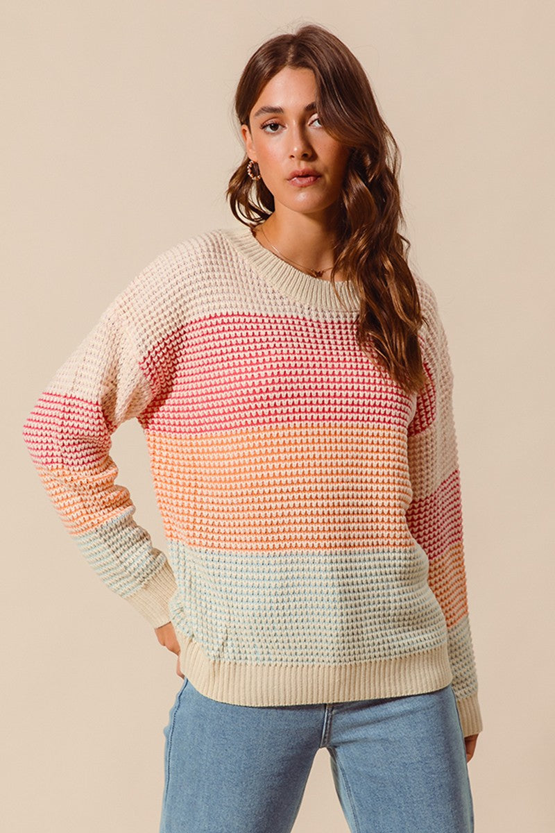 SO ME rainbow-striped textured knit crew neck sweater