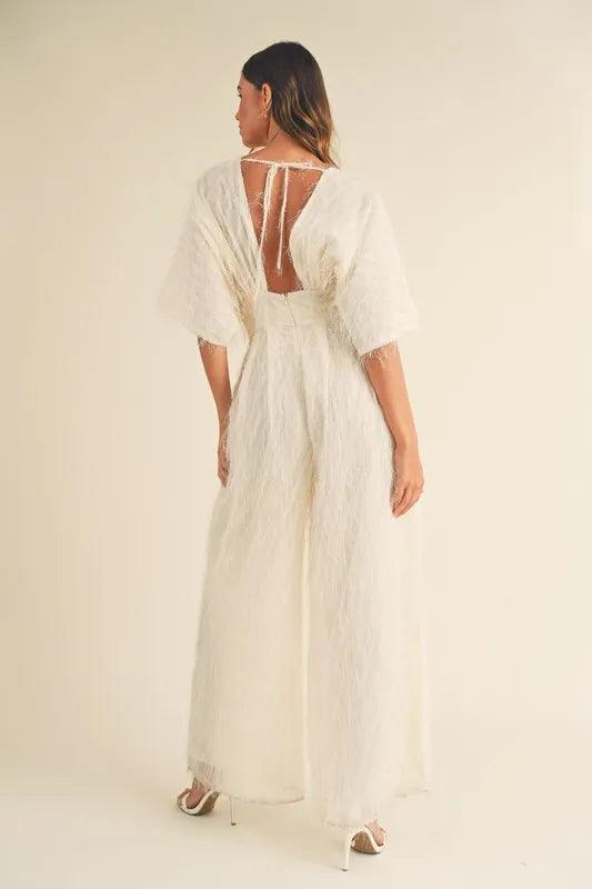 MABLE Fluffy Deep V Neck Wide Leg Jumpsuit | Jumpsuits Daverri Fashions