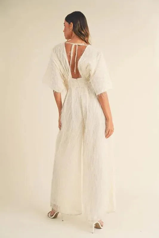 MABLE Fluffy Deep V Neck Wide Leg Jumpsuit - DAVERRI FASHIONS