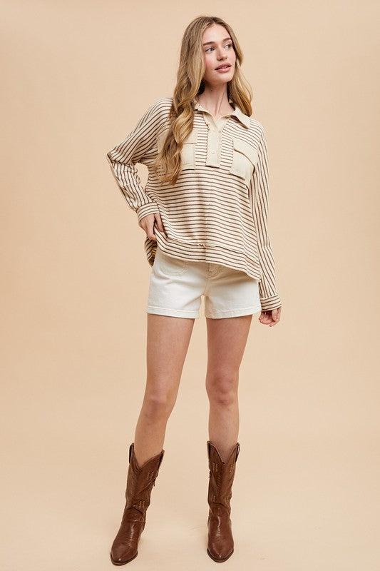 Annie Wear Striped Button Detail Long Sleeve Polo Top Tops