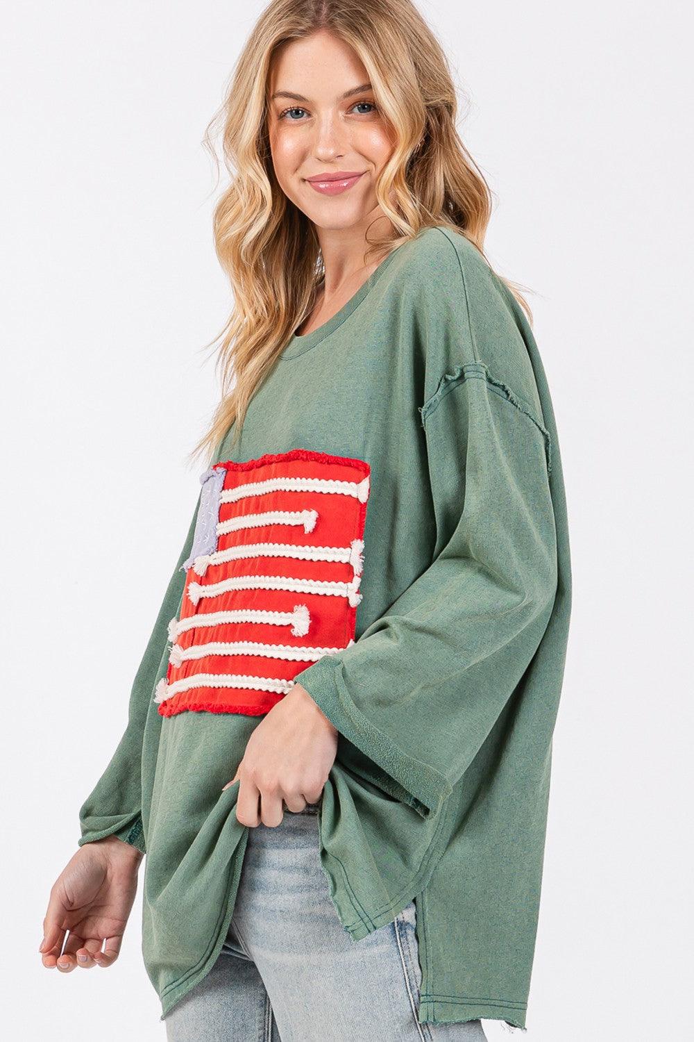 SAGE + FIG Plus Size American Flag Patch Drop Shoulder T-Shirt T-Shirts