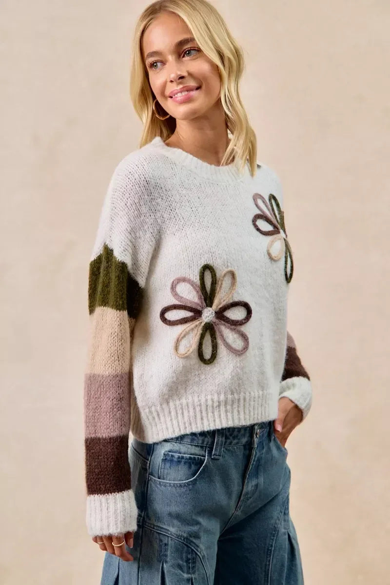 BiBi Flower Color Block Sweater - DAVERRI FASHIONS
