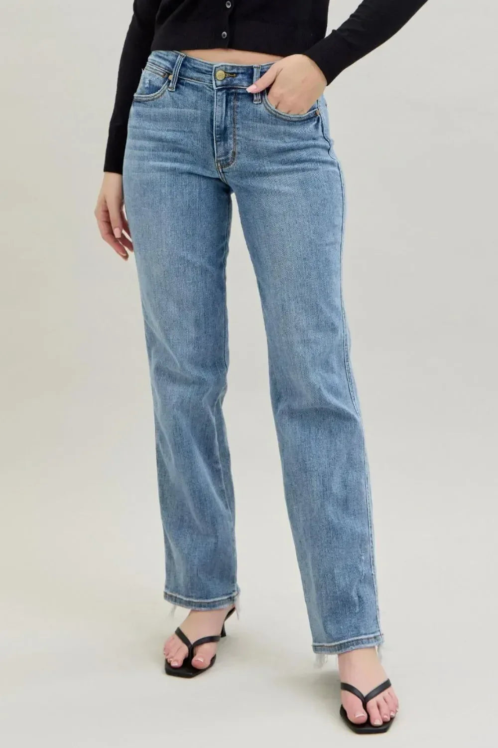 Judy Blue Frayed Hem Cell Phone Pocket Dad Jeans - DAVERRI FASHIONS