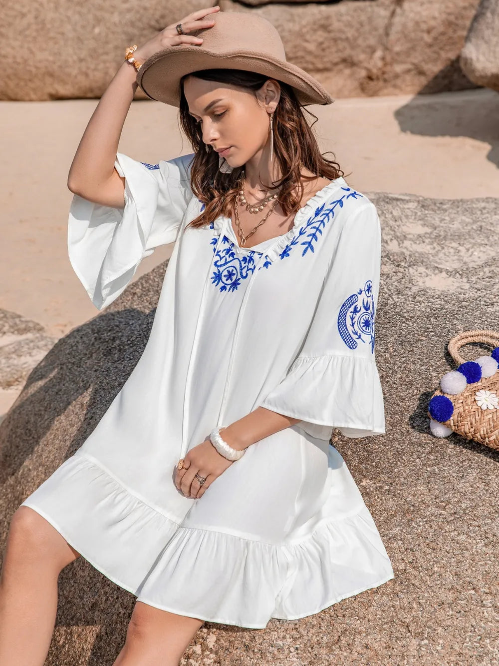 Printed Tie Neck Flounce Sleeve Mini Dress | Mini Dresses Daverri Fashions