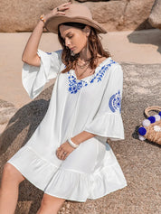 Printed Tie Neck Flounce Sleeve Mini Dress | Mini Dresses Daverri Fashions