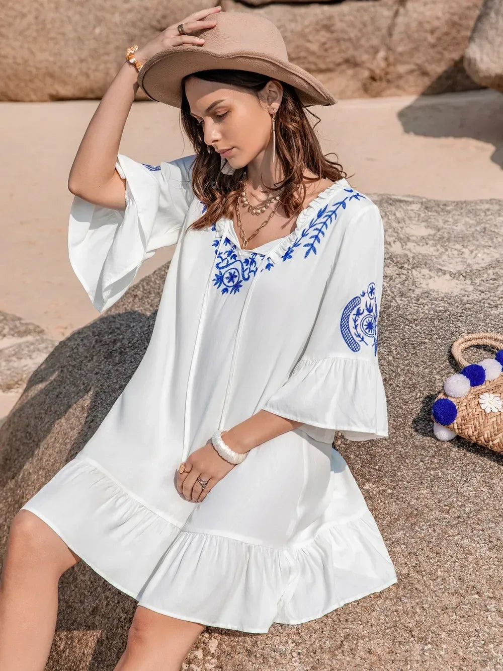 Printed Tie Neck Flounce Sleeve Mini Dress - DAVERRI FASHIONS