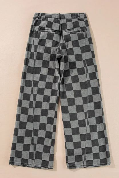 Checkered Wide Leg Jeans with Pockets - DAVERRI FASHIONS