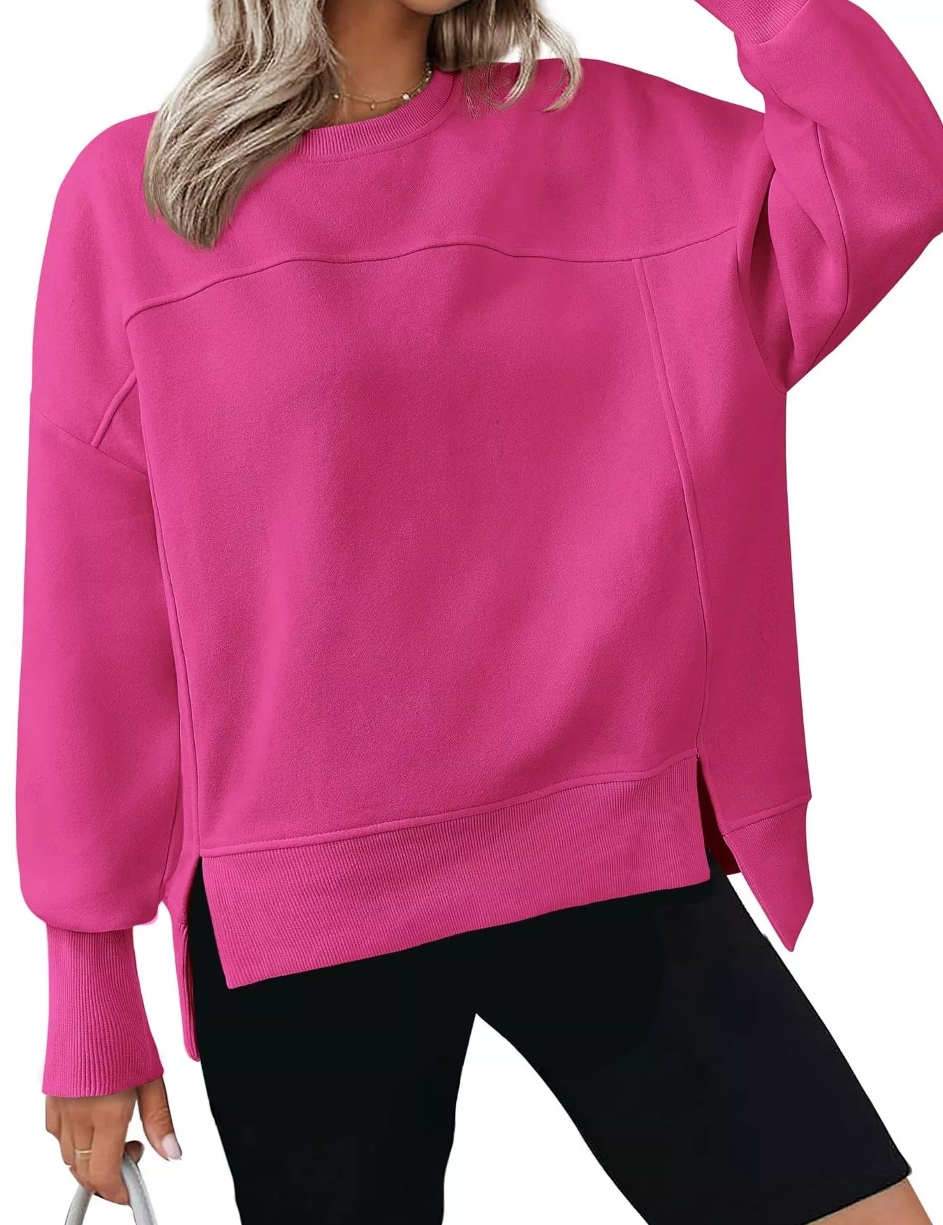 Rose Red Slit Round Neck Dropped Shoulder Sweatshirt | Sweatshirts Daverri Fashions