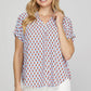 She + Sky Full Size Printed Johnny Collar Short Sleeve Blouse Plus Size Red Blouses