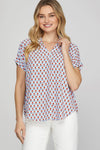 She + Sky Full Size Printed Johnny Collar Short Sleeve Blouse Plus Size - DAVERRI FASHIONS