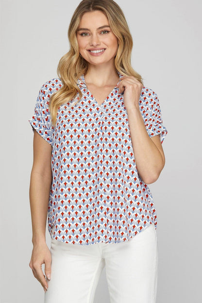 She + Sky Full Size Printed Johnny Collar Short Sleeve Blouse Plus Size - DAVERRI FASHIONS