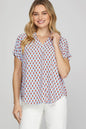 She + Sky Full Size Printed Johnny Collar Short Sleeve Blouse Plus Size - DAVERRI FASHIONS