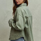 Olive green SO ME vintage washed shacket with relaxed fit and classic stitching