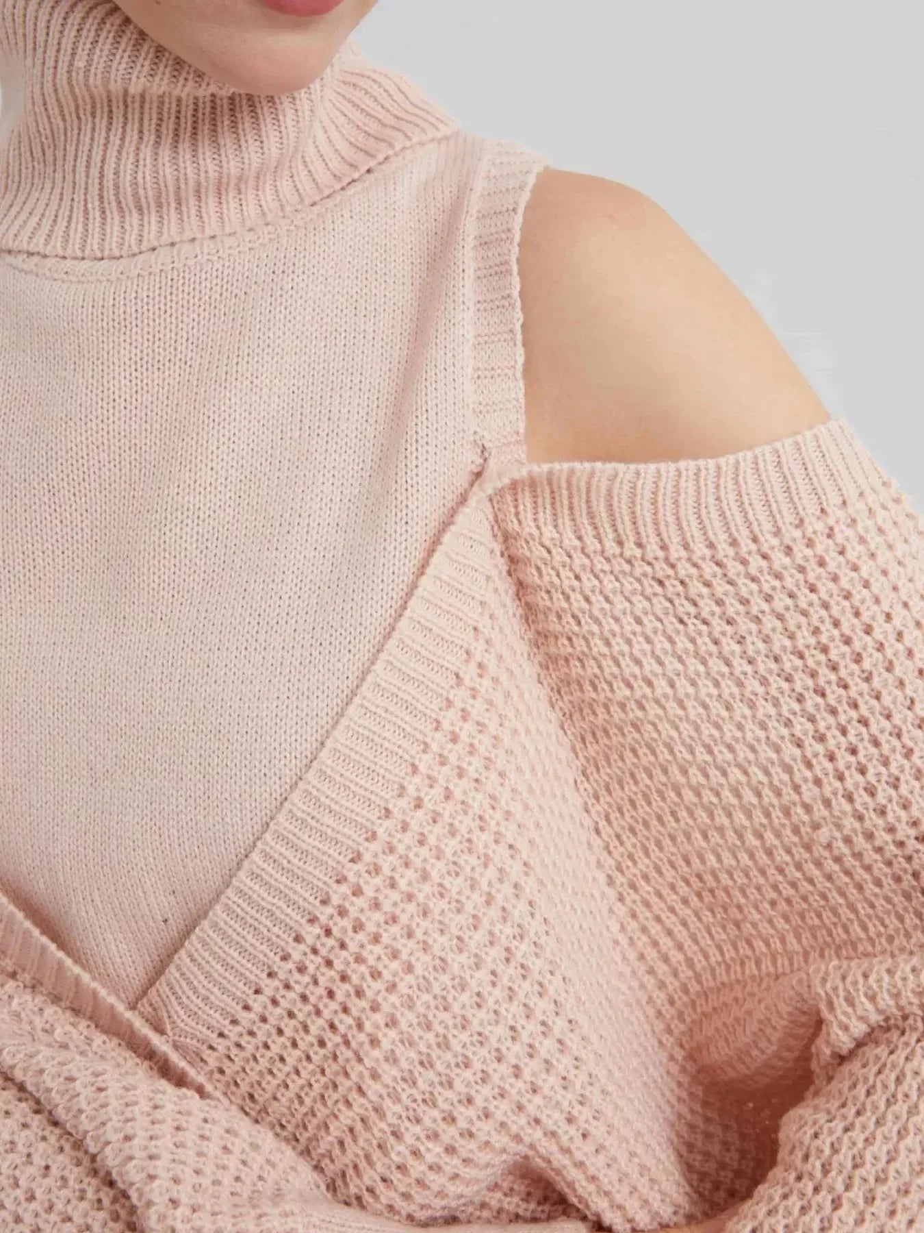 Waffle Knit Cold Shoulder Turtleneck Sweater - DAVERRI FASHIONS