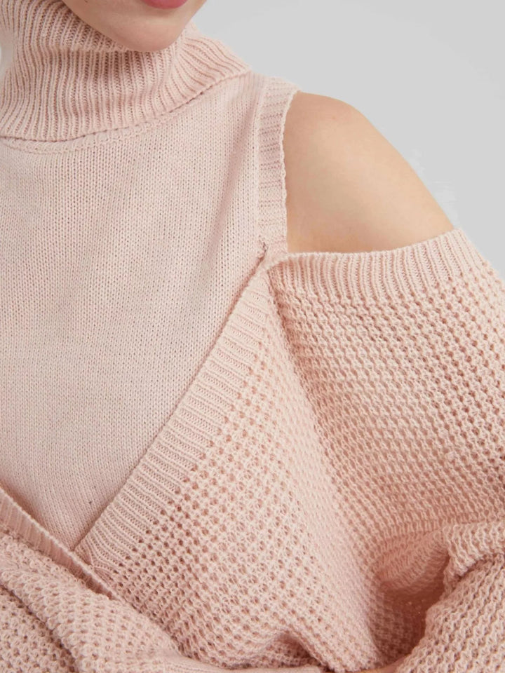 Waffle Knit Cold Shoulder Turtleneck Sweater | Sweaters Daverri Fashions