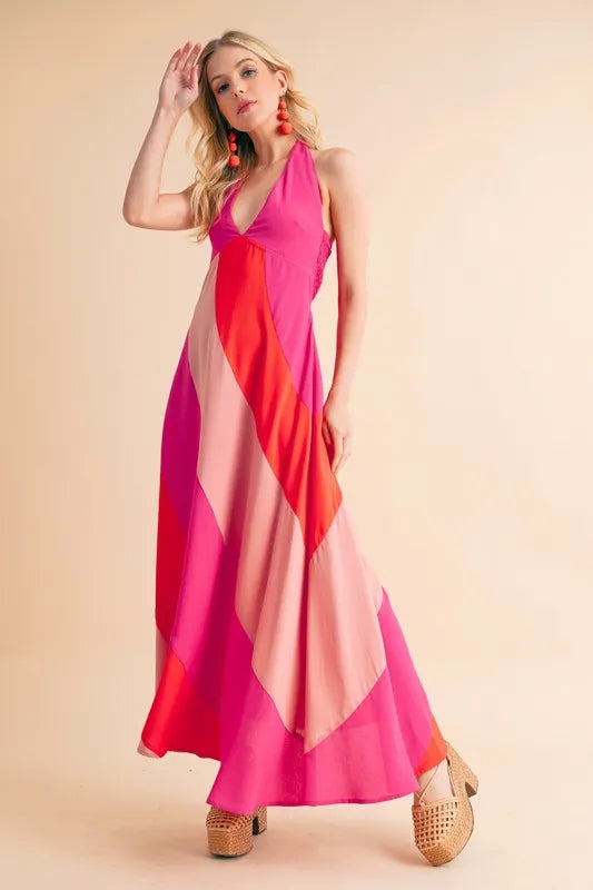 Aemi+Co Color Block Sleeveless Maxi Dress PINK COMBO L Maxi Dresses