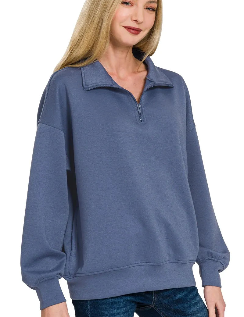 BLUE INDIGO Zenana Scuba Quarter-Zip Sweatshirt | Sweatshirts Daverri Fashions