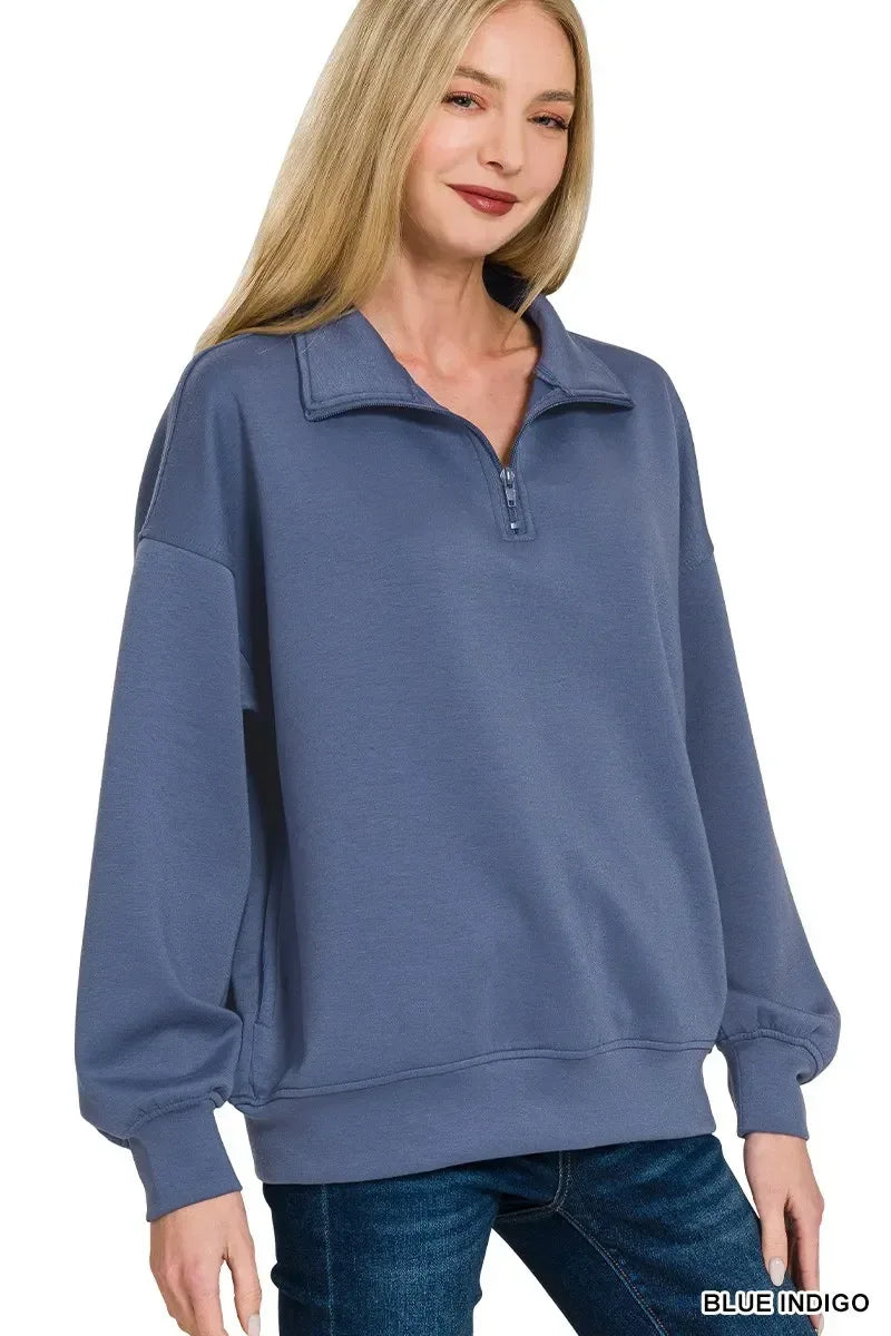 Zenana Scuba Quarter-Zip Sweatshirt - DAVERRI FASHIONS