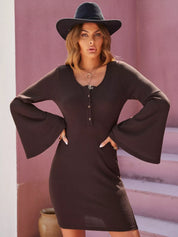 Chocolate Flare Sleeve Button Front Bodycon Dress | Mini dresses Daverri Fashions