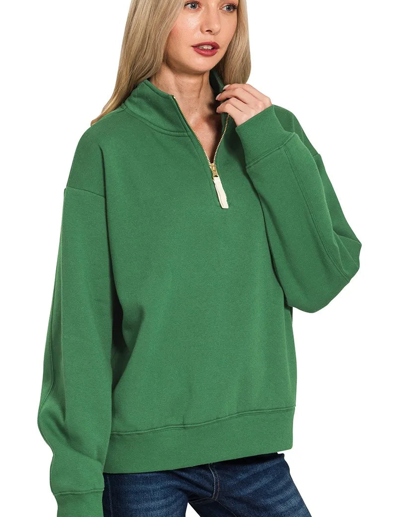 Zenana Fleece Half Zip Sweatshirt Dk Green | Sweatshirts Daverri Fashions