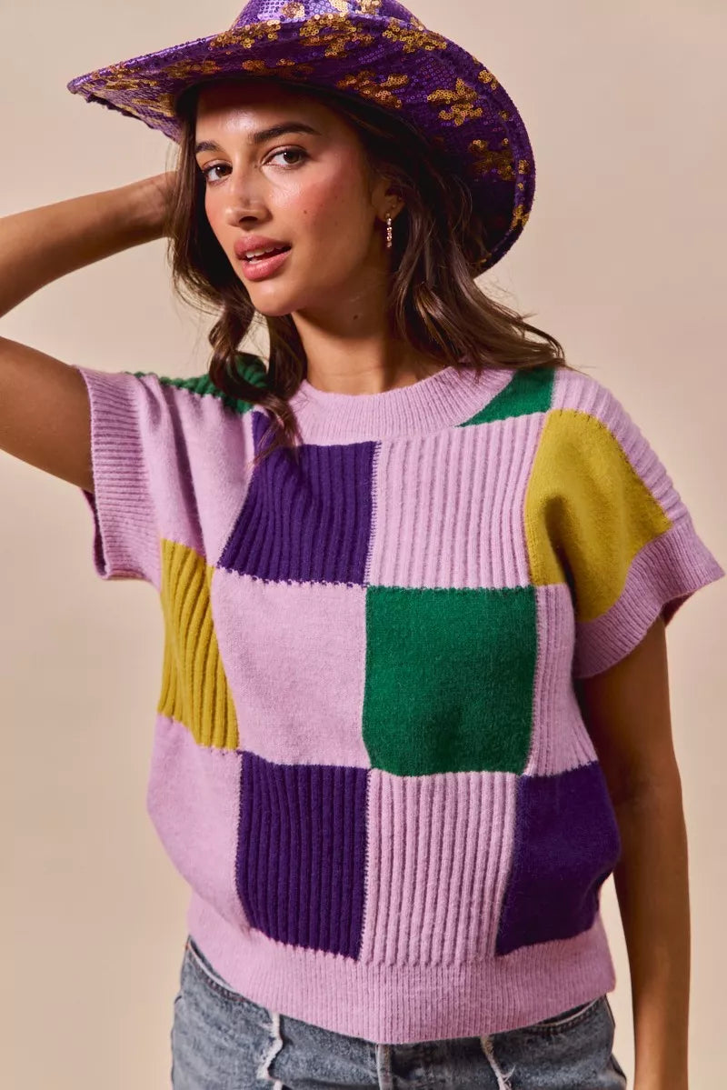 Vibrant SO ME Mardi Gras plaid sweater in lavender, purple, green, yellow knit