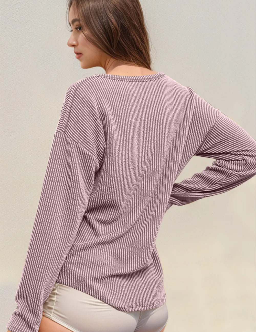 Lilac Double Take Striped Notched Long Sleeve T-Shirt | T-Shirts Daverri Fashions