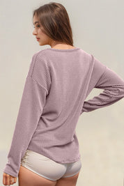 Lilac Double Take Striped Notched Long Sleeve T-Shirt | T-Shirts Daverri Fashions