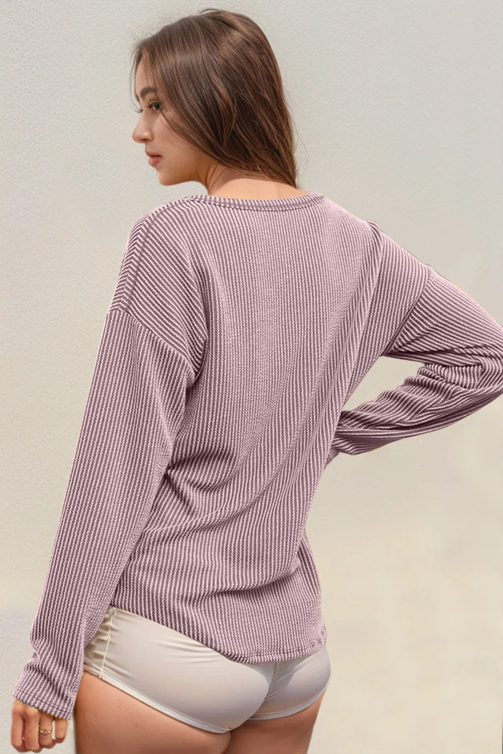 Lilac Double Take Striped Notched Long Sleeve T-Shirt | T-Shirts Daverri Fashions
