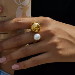 18K Gold-Plated Orb & Pearl Open Ring - DAVERRI FASHIONS
