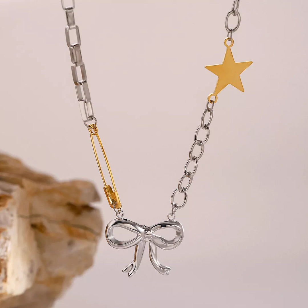 Two-Tone Stainless Steel Bow Star Necklace | Necklaces Daverri Fashions