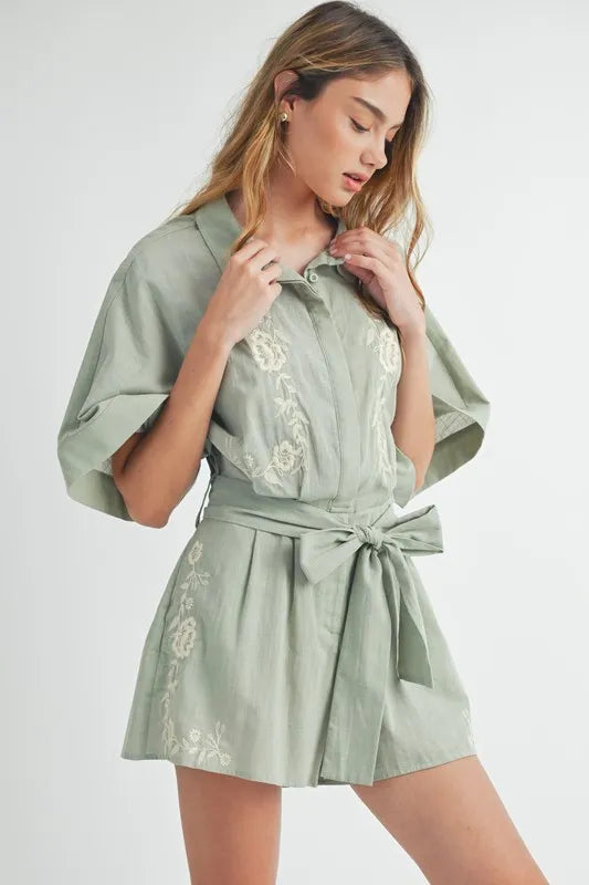 MABLE Embroidered Button Down Collared Neck Romper Rompers