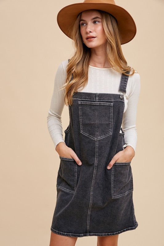 Annie Wear Wide Strap Denim Overall Dress with Pockets Mini Dresses