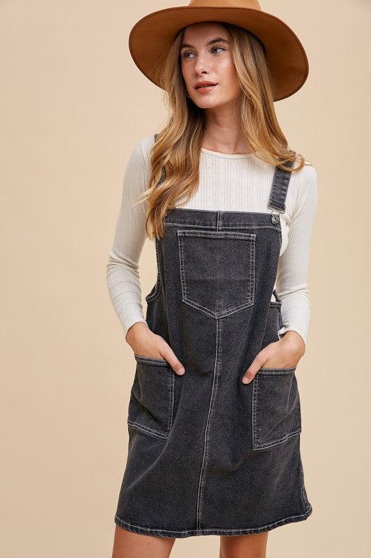 Annie Wear Wide Strap Denim Overall Dress with Pockets - DAVERRI FASHIONS