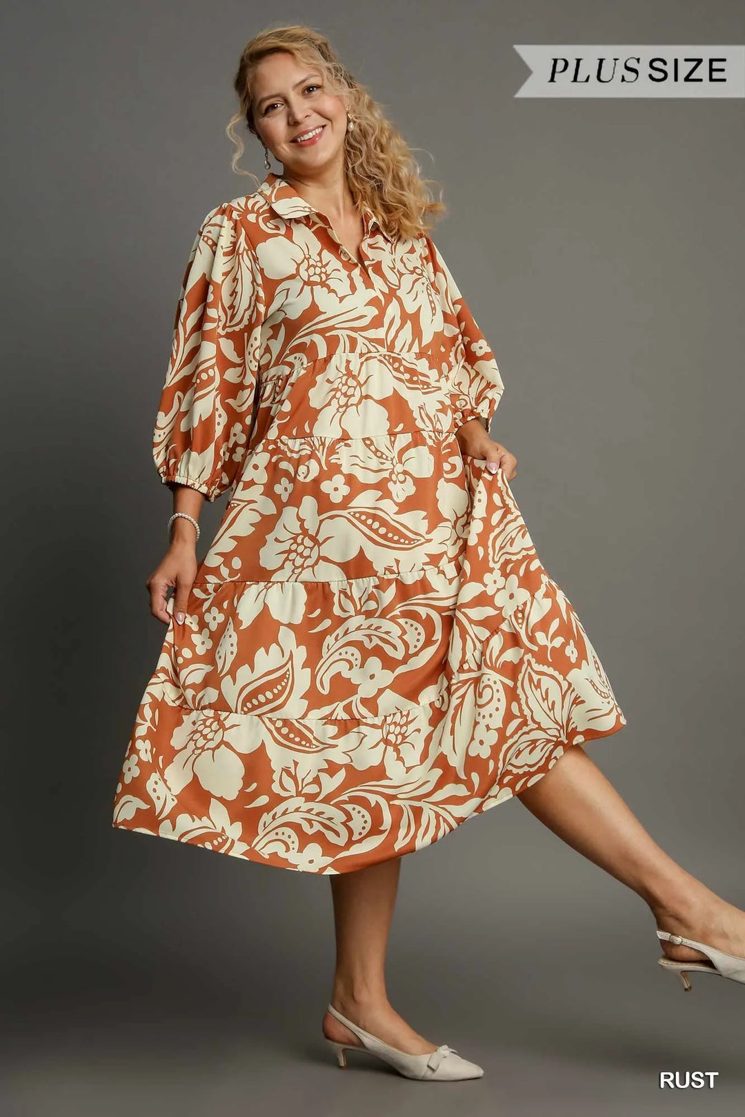 Umgee Full Size Floral Tiered Midi Shirt Dress Plus Size Midi Dresses