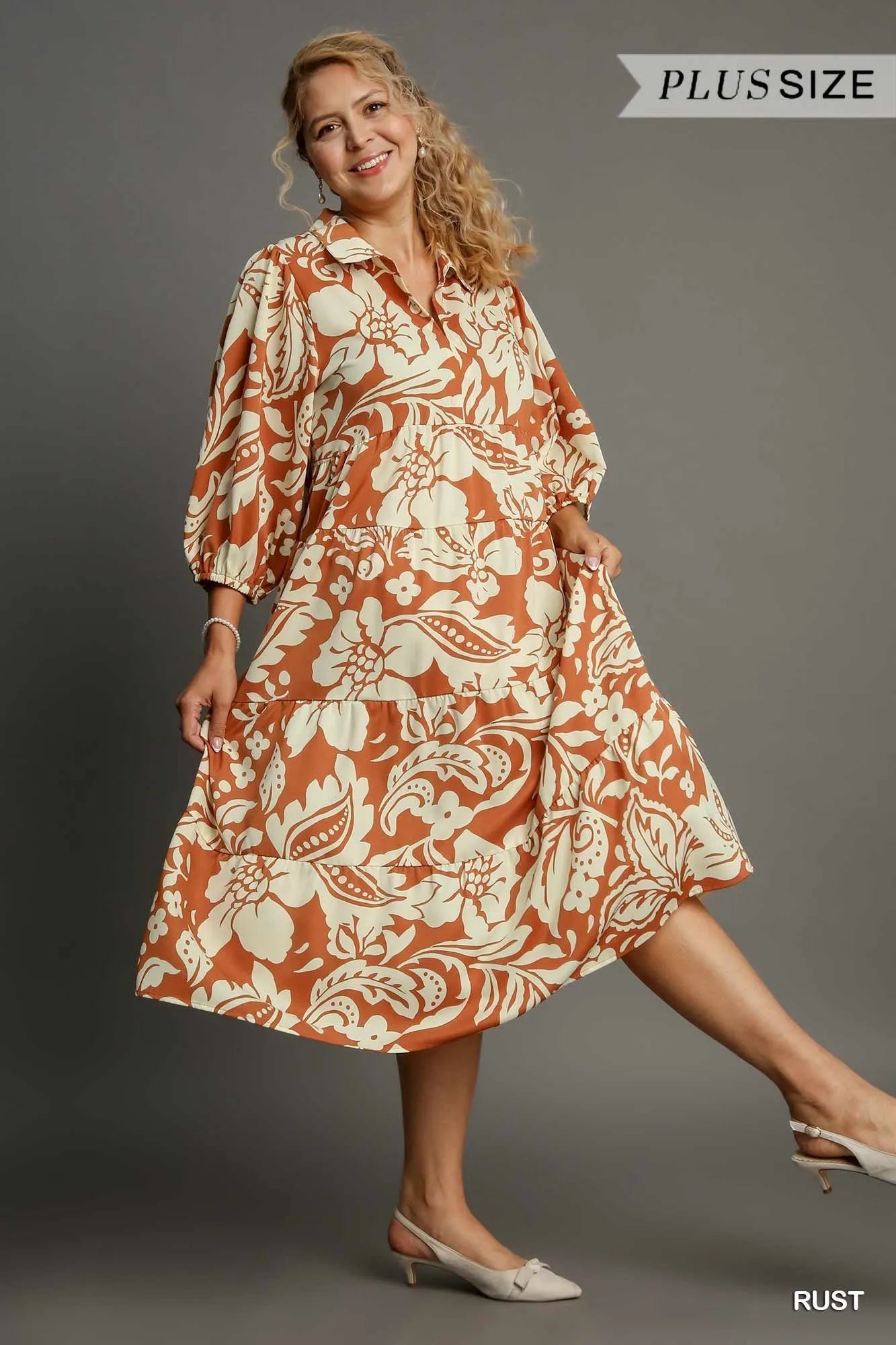 Umgee Full Size Floral Tiered Midi Shirt Dress Plus Size Midi Dresses