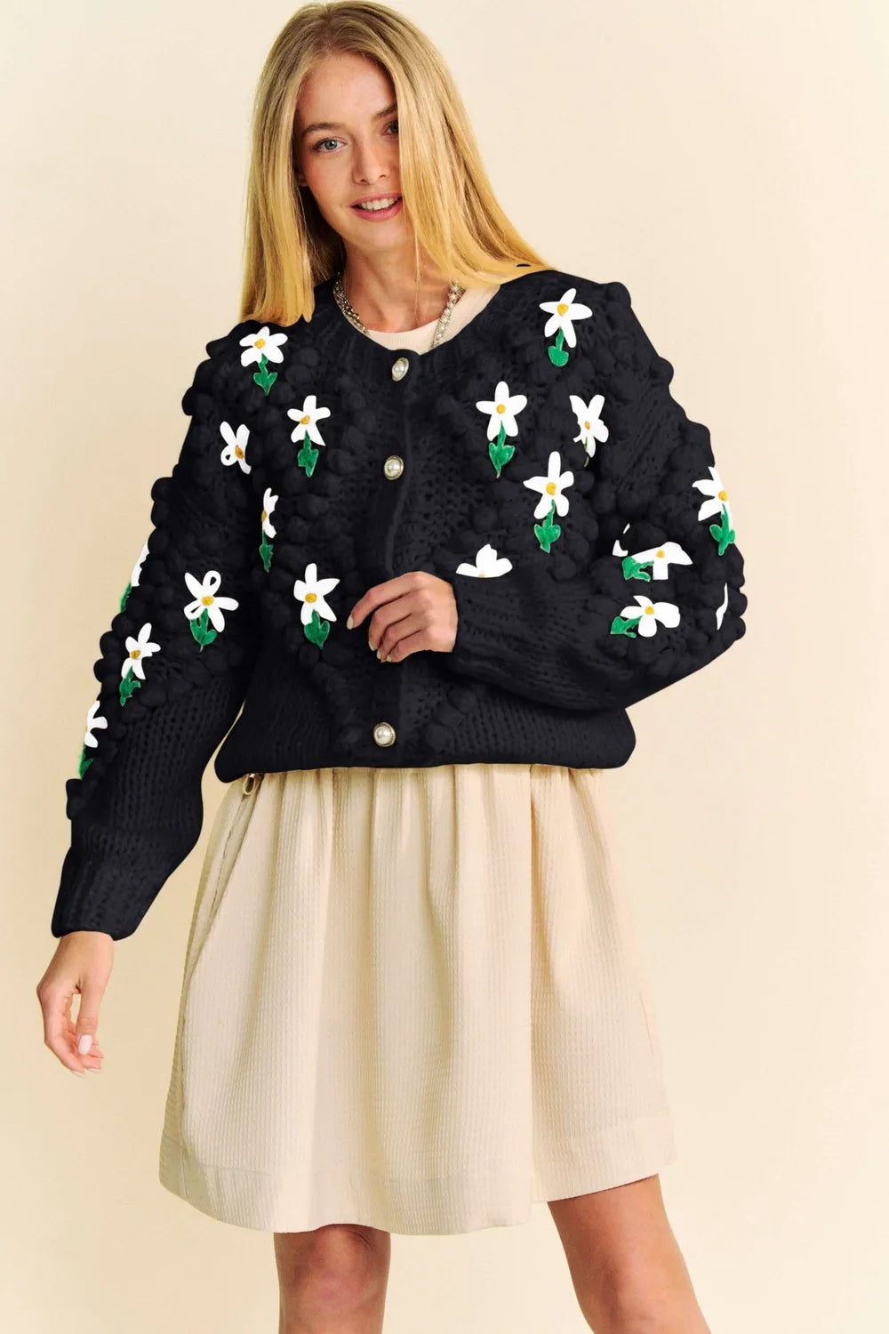 Black Davi & Dani knitted cardigan with daisy embroidery