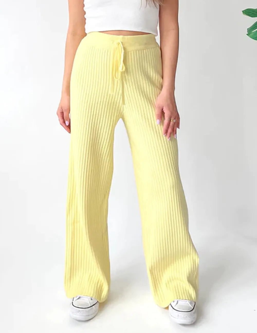 Pastel Yellow Ribbed Wide Leg Sweater Pants | Bottoms Daverri Fashions