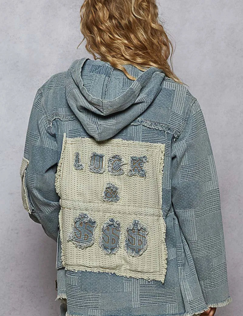 Dusty Blue POL Raw Hem Drawstring Zip Up Hooded Denim Jacket | Denim Jackets Daverri Fashions