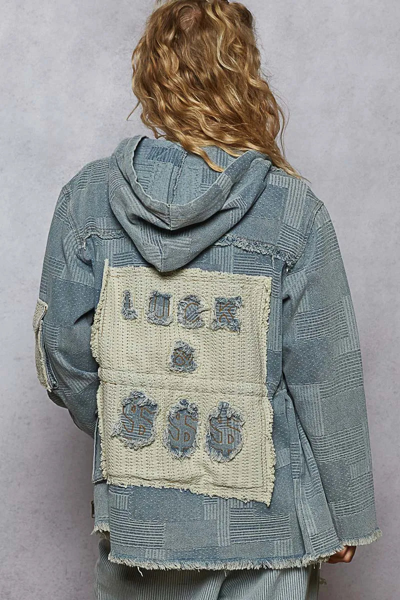 POL Raw Hem Drawstring Zip Up Hooded Denim Jacket Dusty Blue Denim Jackets