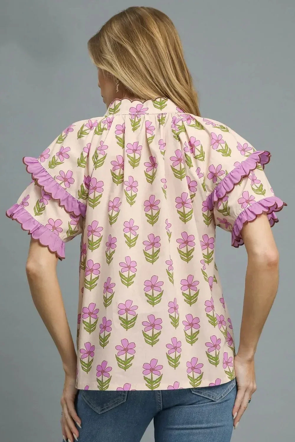 Umgee Floral Print Ruffle Short Sleeve Blouse - DAVERRI FASHIONS