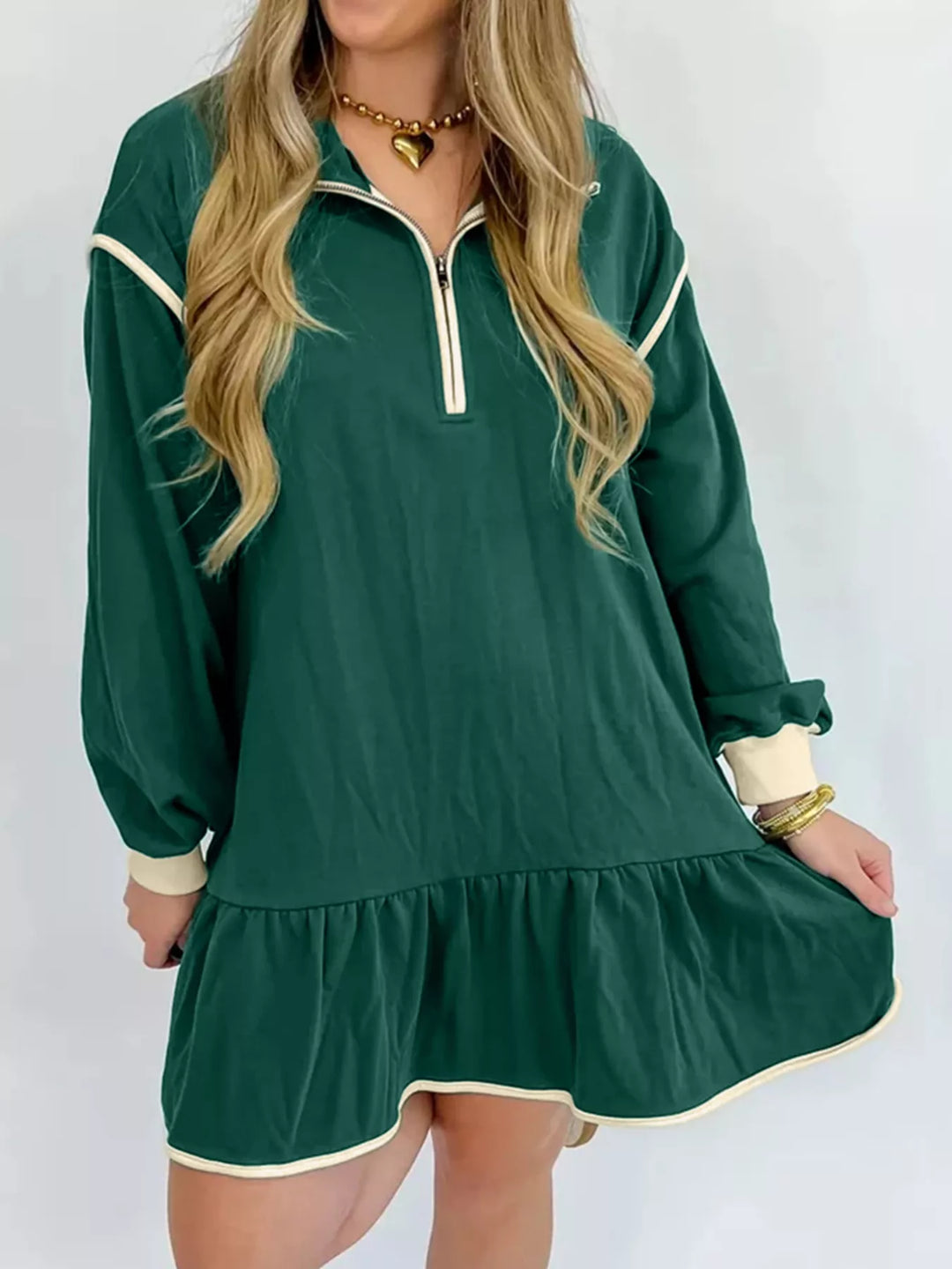 Dark Green Ruffled Hem Dropped Shoulder Mini Dress | Mini Dresses Daverri Fashions