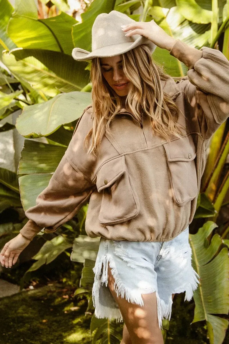 BiBi Half Zip Vintage Washed Fleece Pullover - DAVERRI FASHIONS