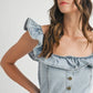MABLE Off Shoulder Ruffle Detail Denim Romper Rompers