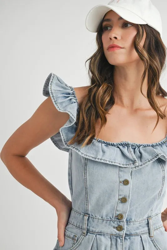 MABLE Off Shoulder Ruffle Detail Denim Romper Rompers