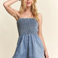 ADORA Smocked Spaghetti Strap Denim Romper Medium Rompers