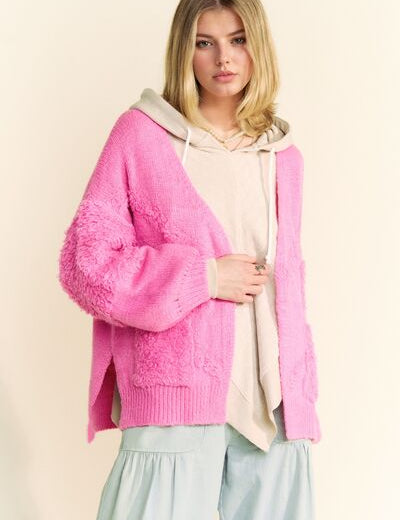 Davi & Dani Side Slit Open Front Long Sleeve Cardigan Pink Cardigans