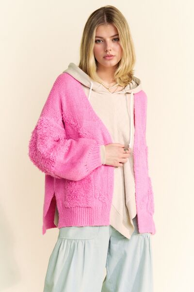 Davi & Dani Side Slit Open Front Long Sleeve Cardigan Pink Cardigans