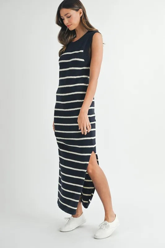 MABLE Sleeveless Stripe Sweater Maxi Side Slit Dress